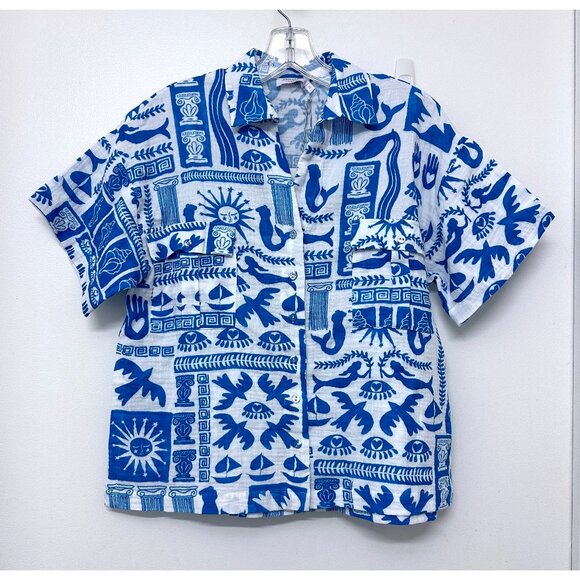 NWT Johnny Was Acantha Easy Set Camp Shirt Calliope Blue Greek Mermaid XS - Picture 2 of 10
